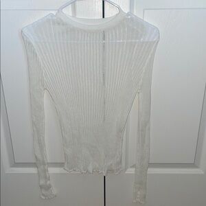 White Ribbed Long Sleeve Blouse